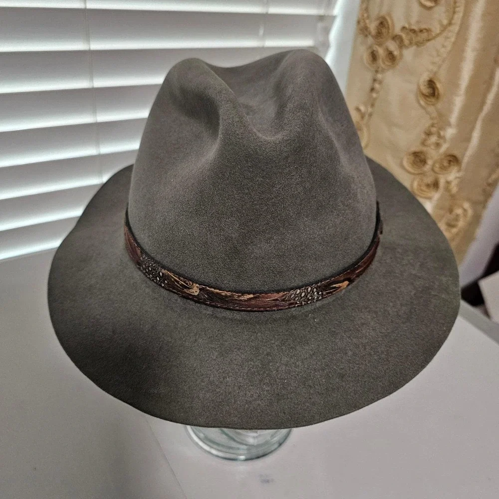 Stetson Weekender Fedora Hat Moss Green Felt Feather Band Indiana Jones 7 1/8